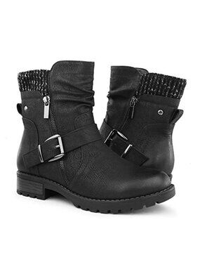 Women's Faux Leather Combat Boots Side Zipper Buckle Ankle Booties
